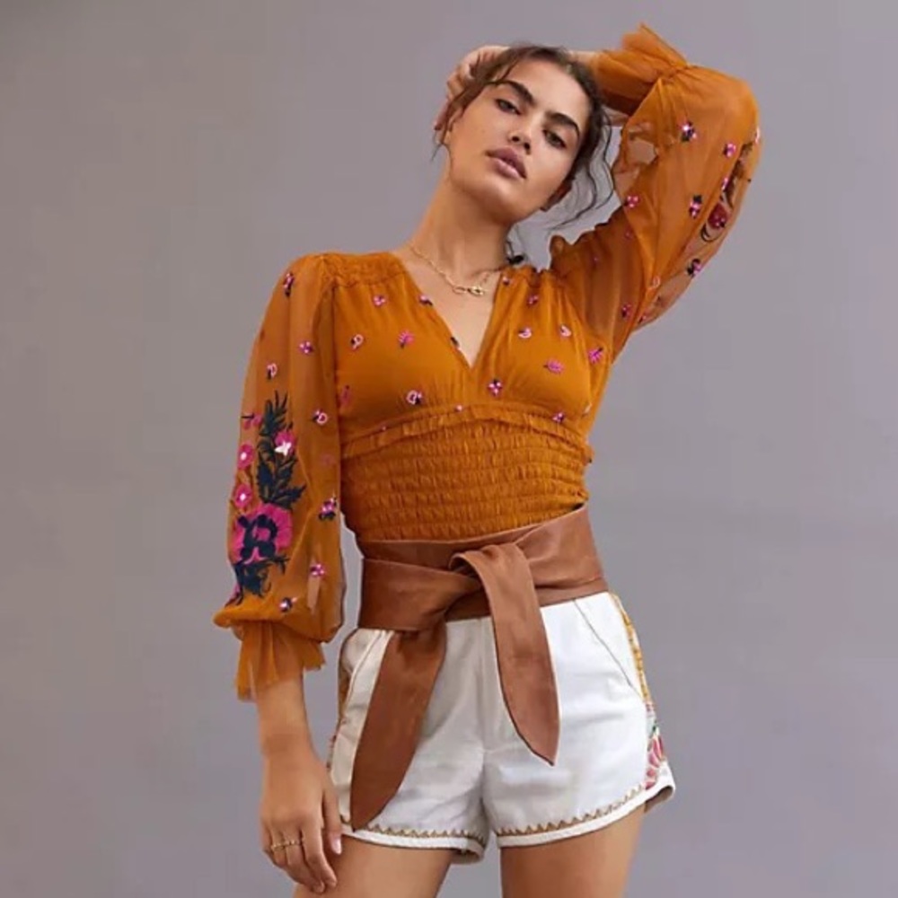Anthropologie Embroidered Gold Smocked Tulle Blouse with Lace Up Back Size XL